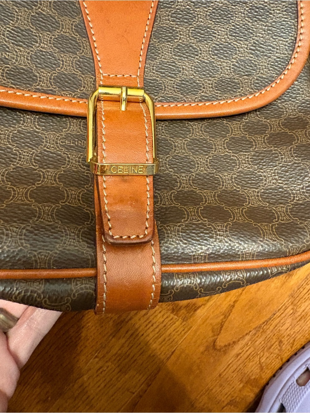 VTG Celine Macadam Pattern Buckle Snap Flap Shoulder Bag Leather Interior - Picture 3 of 13
